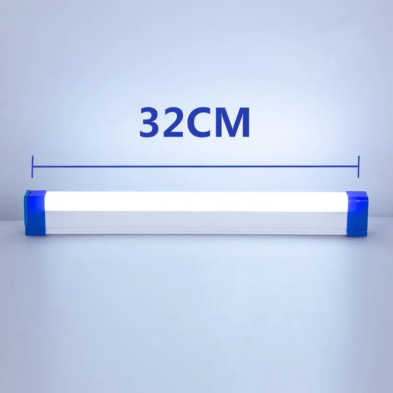Rechargeable dimmable LED tube light in blue and purple colours shown in a bedroom setting.