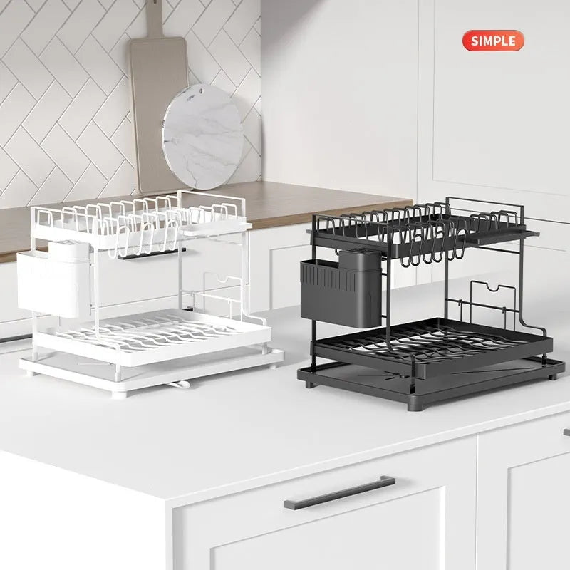 White double-layer removable kitchen draining and storage rack with carbon steel construction