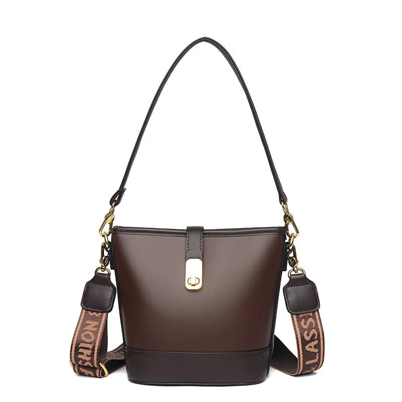 Korean style black soft PU bucket bag with double shoulder straps and multiple internal compartments