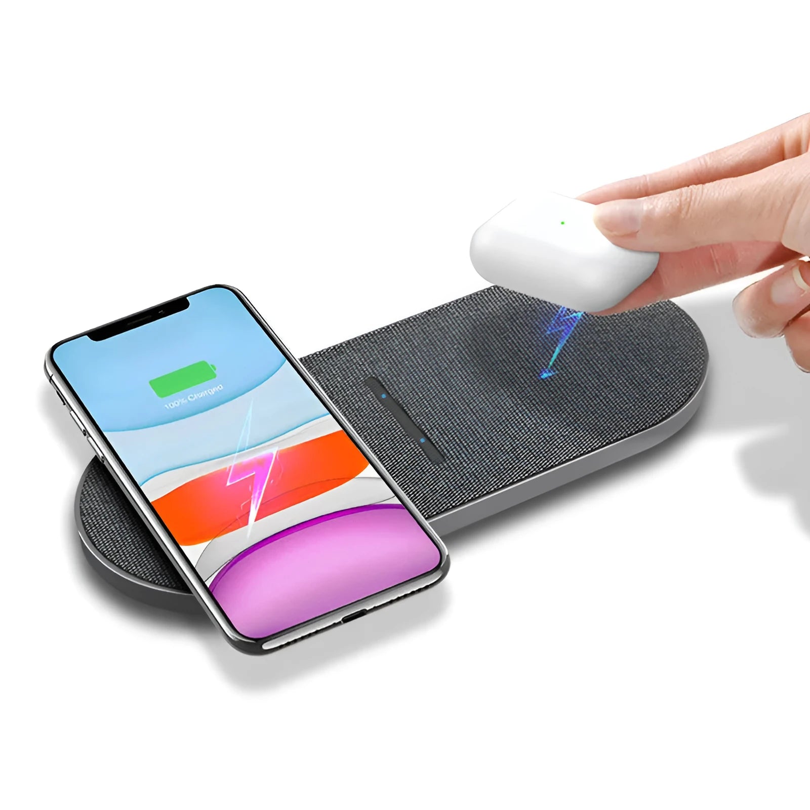 Two black wireless charging pads showing Type-C and USB ports with charging indicator lights