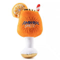 Yellow beer bottle shaped plush squeaky dog toy with cup handle on a white background.