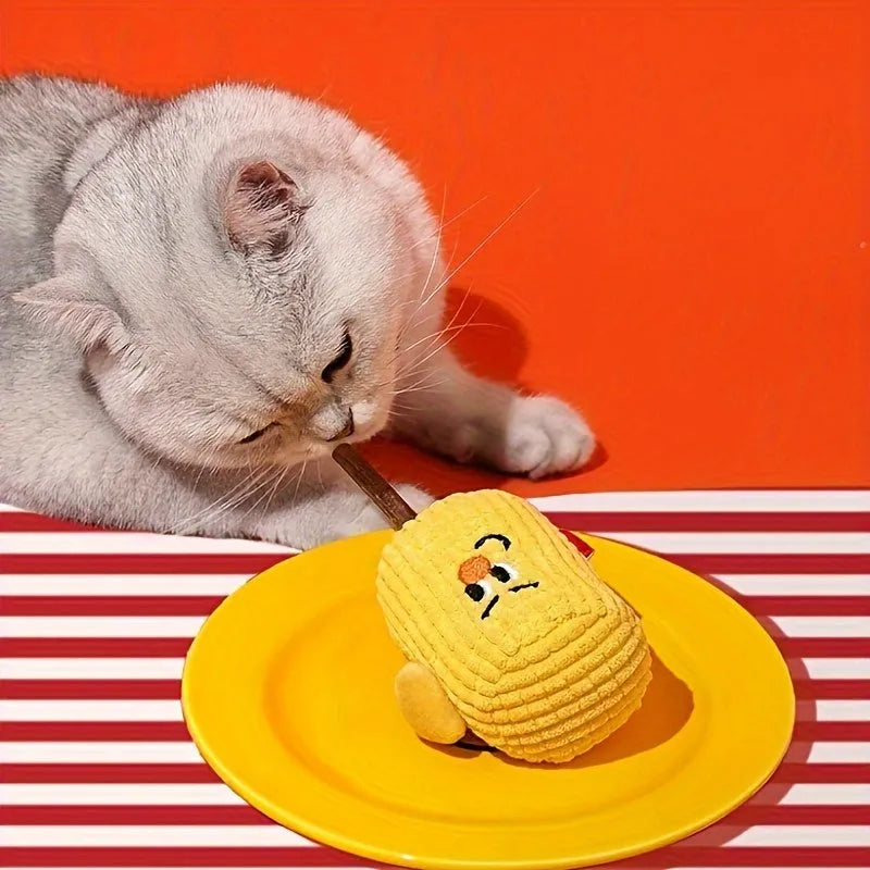 Corn cob shaped cat dental toy made from polio wood measuring 7cm by 6cm by 15cm