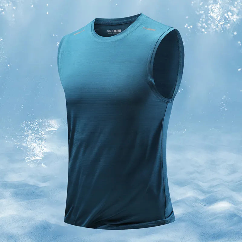 Men's loose fit sleeveless waistcoat vest in a solid colour, showing straight hem design.