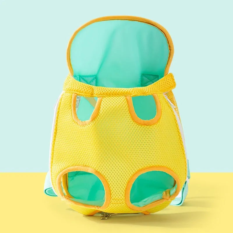 Cartoon animal pet chest bag in soft canvas with ribbon trim, available in four sizes and colour patterns