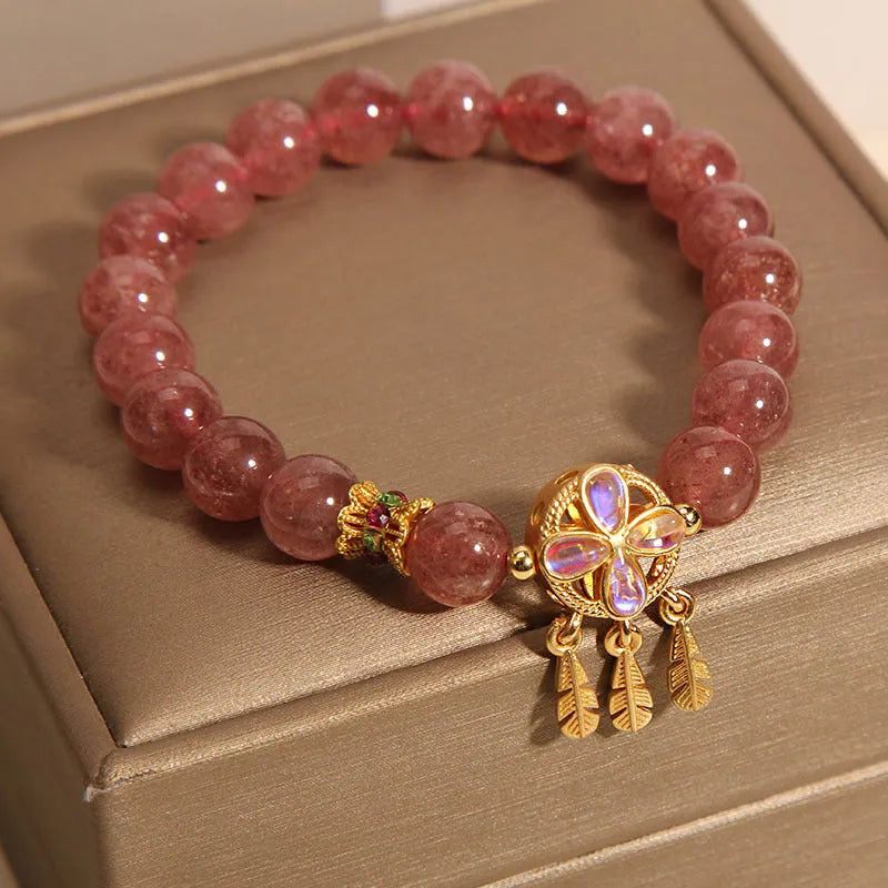 Strawberry quartz bracelet with four leaf clover dream catcher ball pendant crystal jewellery for women