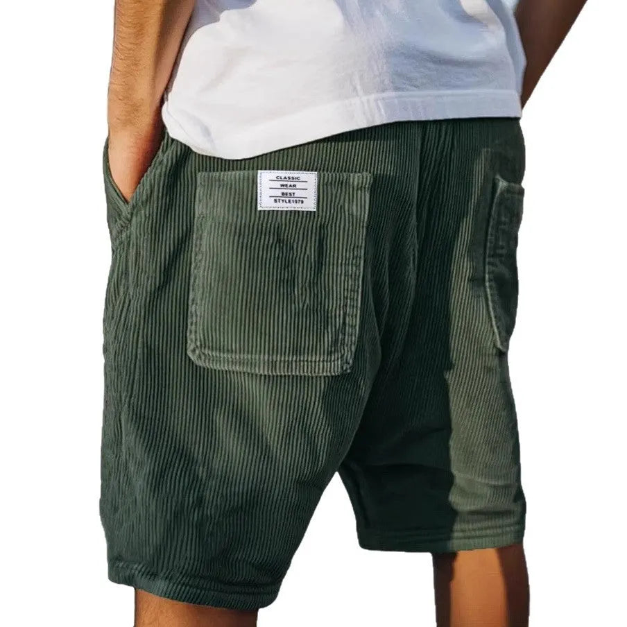 Men's straight-leg corduroy shorts with multi-pockets and embroidery detail in various colours