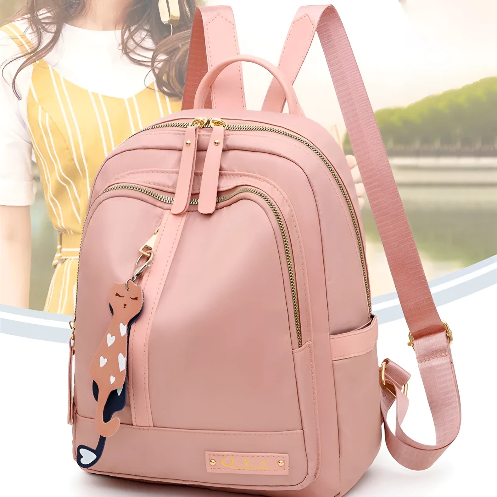 Women's black nylon casual backpack with double shoulder straps showing three-dimensional outer pockets