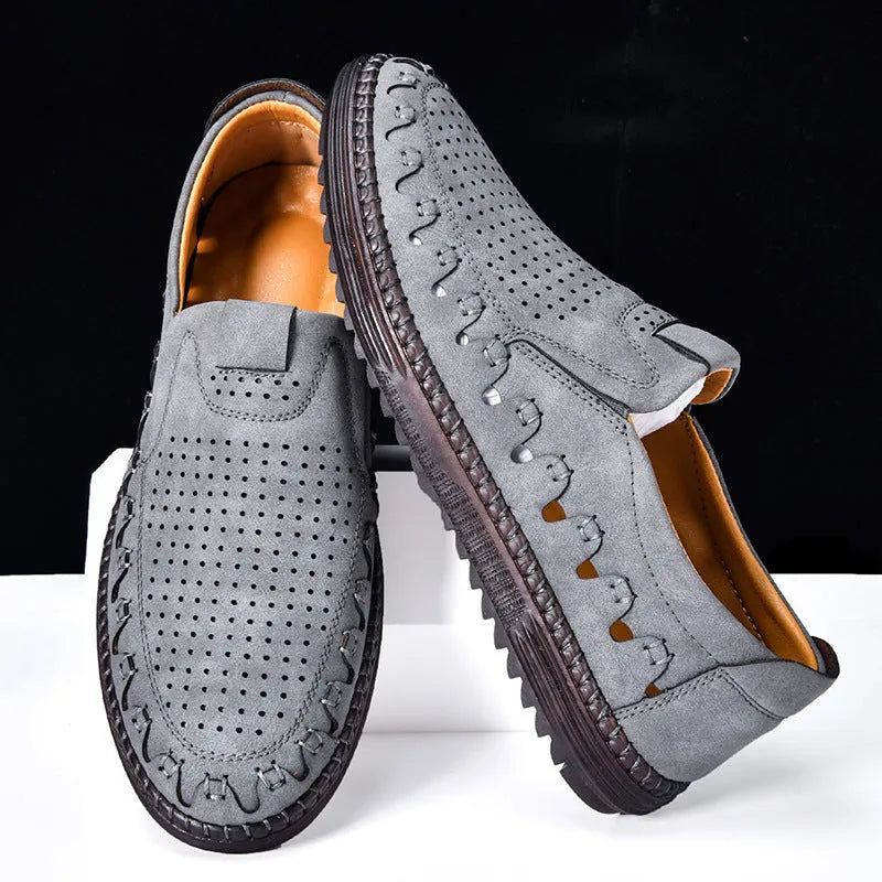 Men's brown slip-on casual shoes with round toe and low-top design
