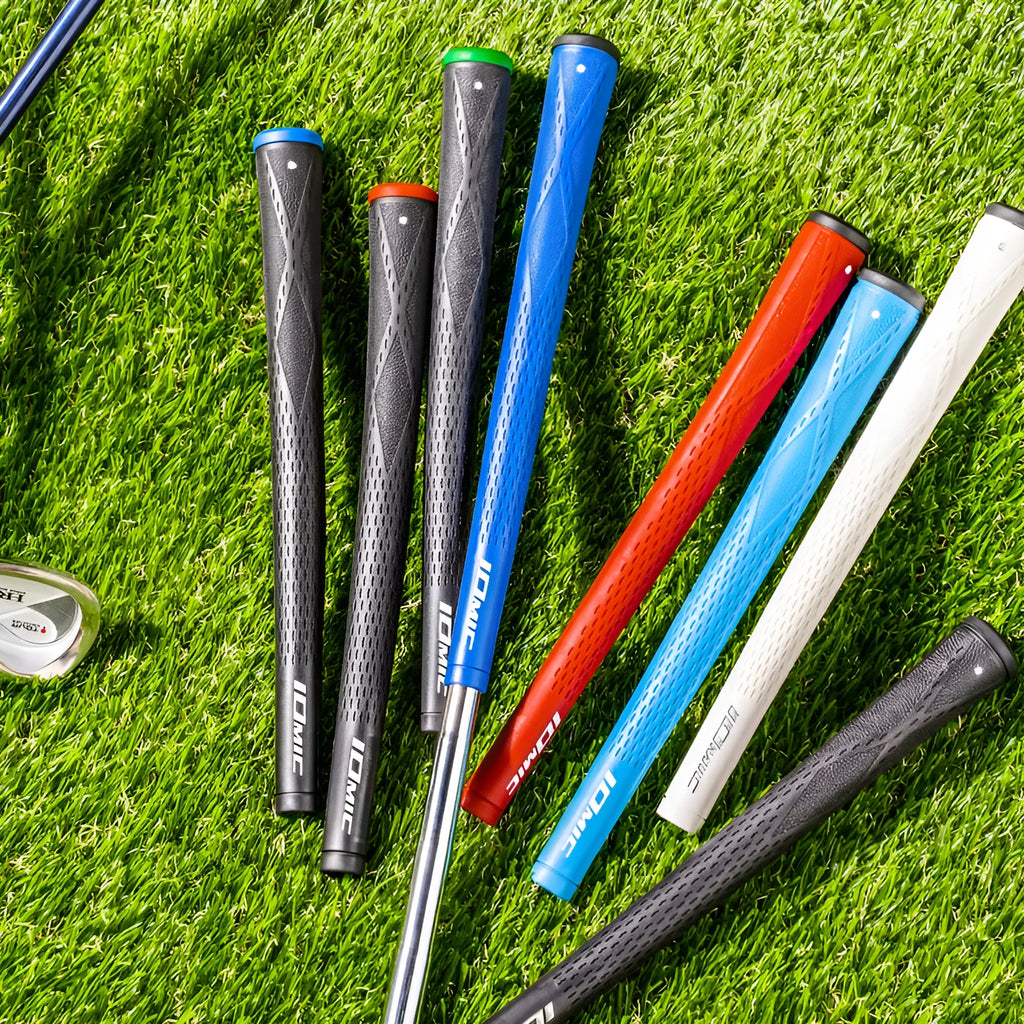 TPE rubber golf club grip in assorted colours including pink, red, blue, white, and black with coloured head accents.