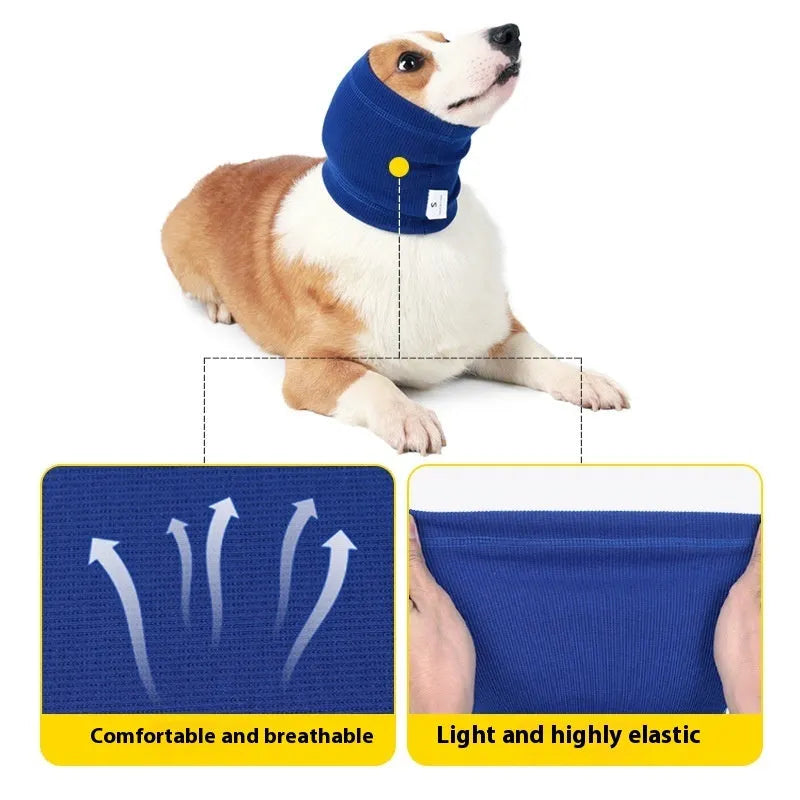 Blue or grey polyester dog headband scarf shown on canine model with S M L sizing options