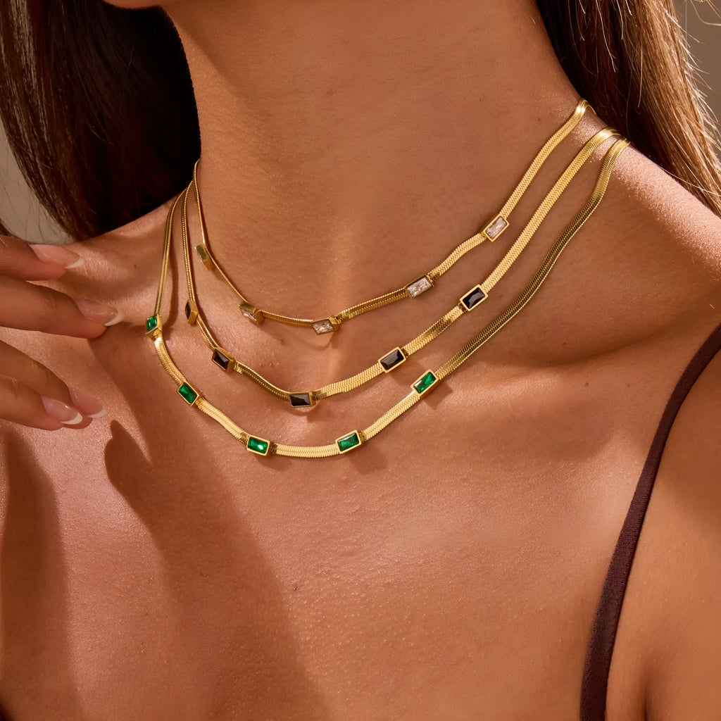 Retro geometric square zircon necklace in stainless steel with gold electroplating and flat snake-like chain links
