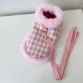 Pink polyester cat cape and beret set with hand-holding rope leash attachment