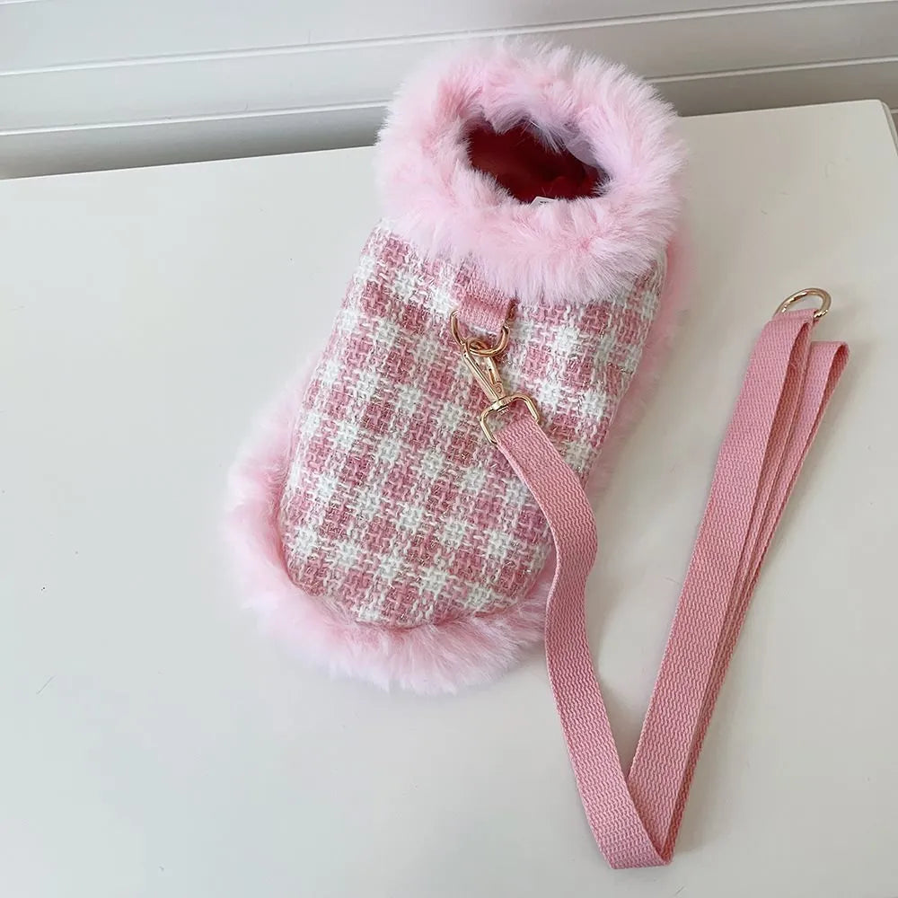 Pink polyester cat cape and beret set with hand-holding rope leash attachment