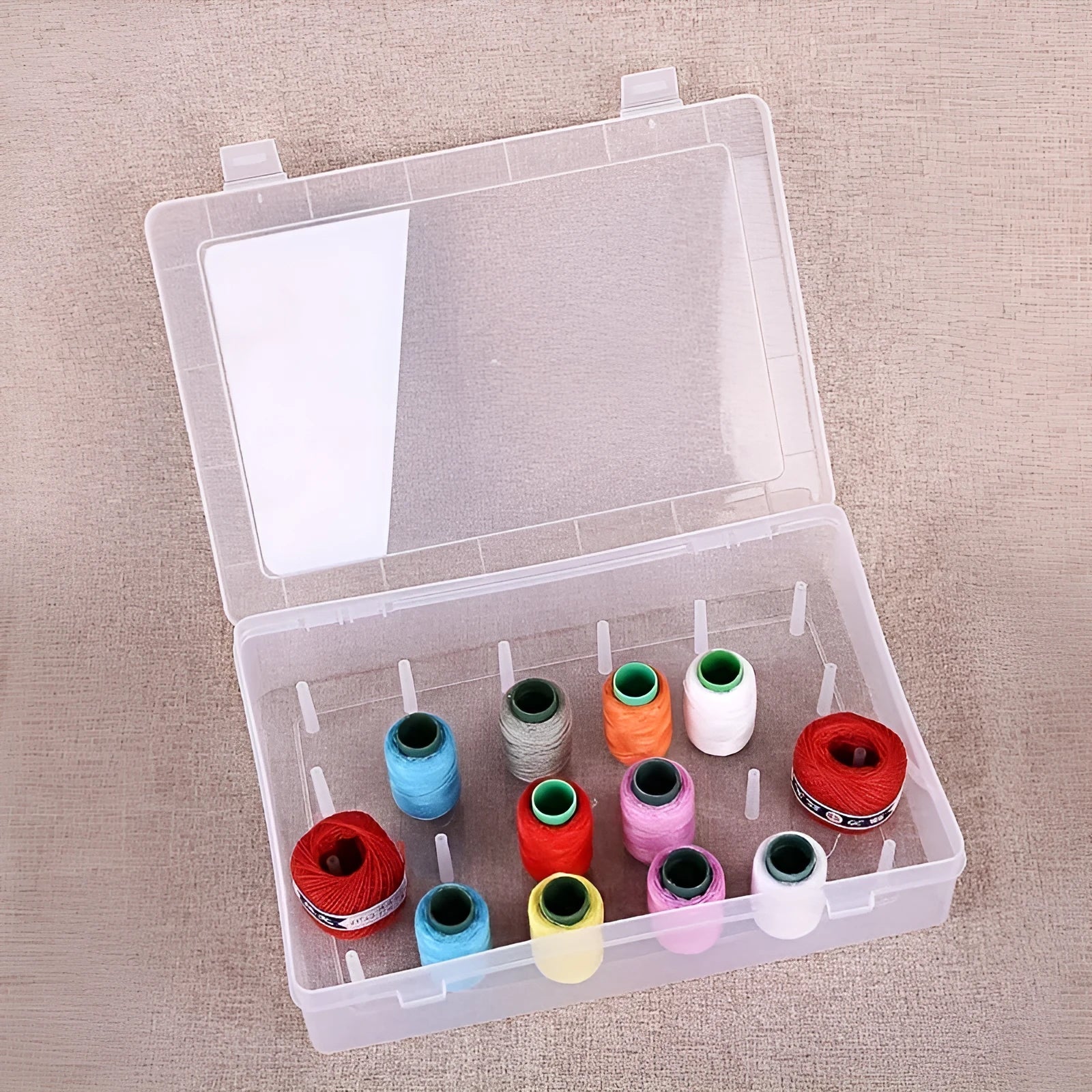 Plastic embroidery storage box with 42 compartments for organising sewing threads and accessories
