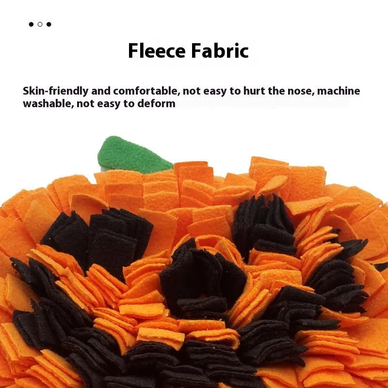 Orange polar fleece pumpkin-shaped pet smell mat for dog slow feeding and enrichment.