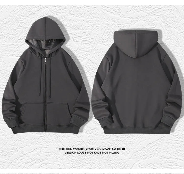 Men's plus size 420g hooded zip-up sweater in loose cardigan style with top-stitched pockets