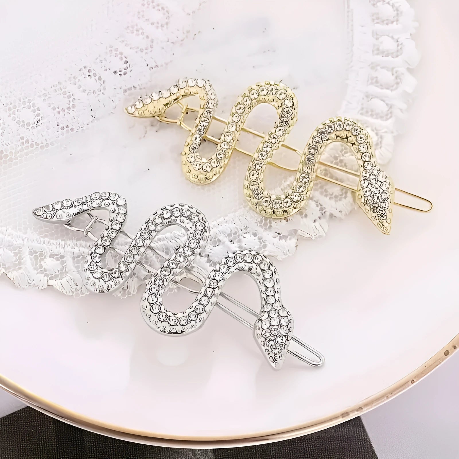 Korean vintage snake barrette hair clip with rhinestone electroplating in gold or silver colour option