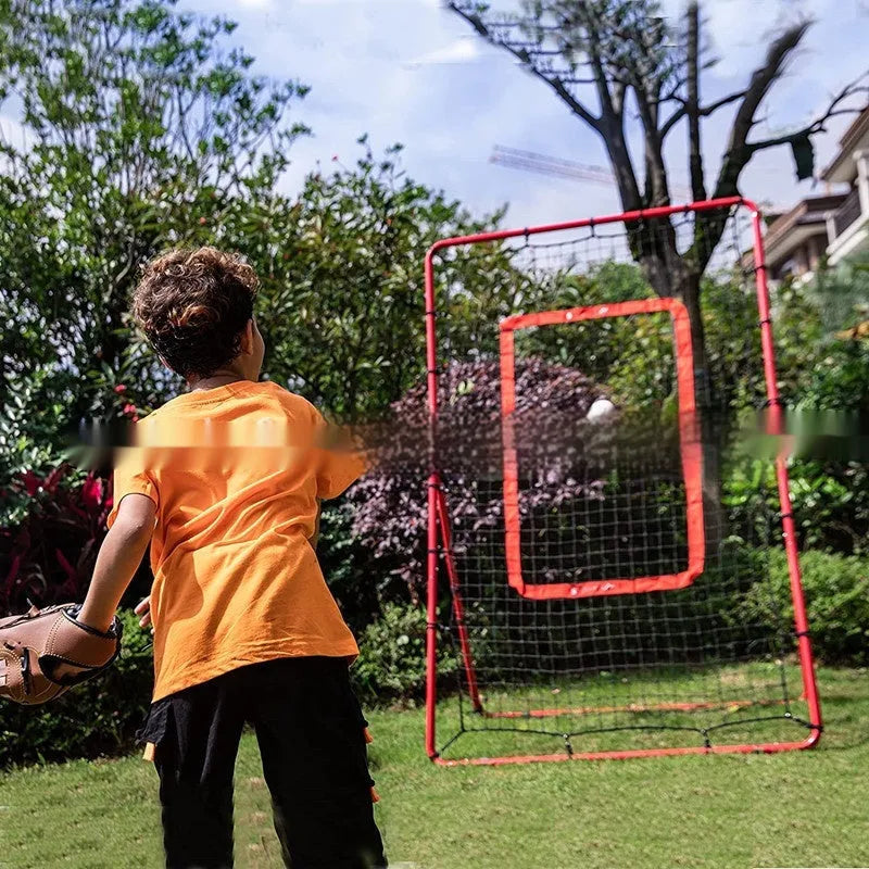 Red 4x6ft baseball training net with metal frame shown in portable folded position