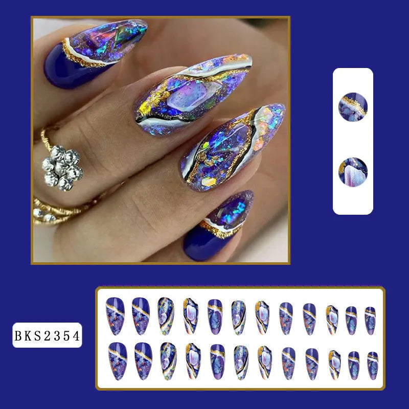 Almond-shaped false nail stickers with colourful rainbow plaid lines in four colour designs