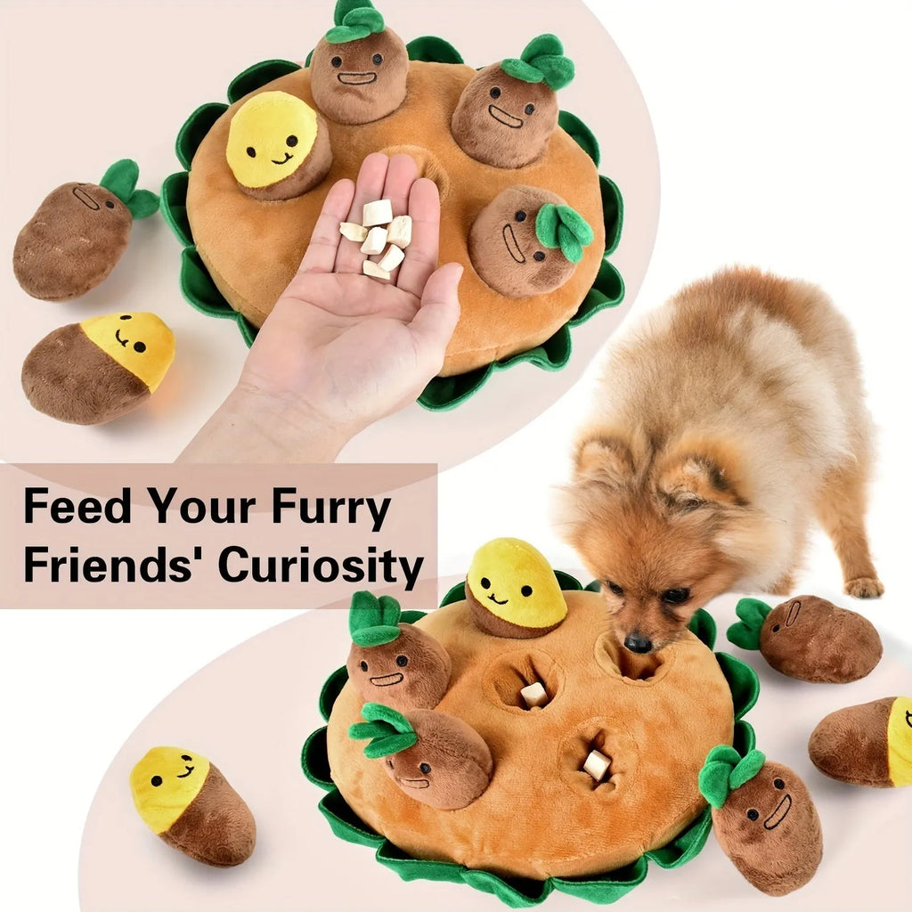 Yellow interactive dog puzzle toy with removable squeaky plush toys on polyester sniffing and feeding pads
