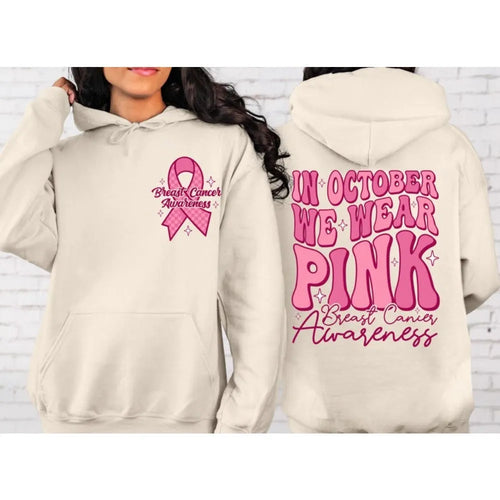 Breast Cancer Awareness pullover hoodie with retro art design and side seam pockets in pink colour.