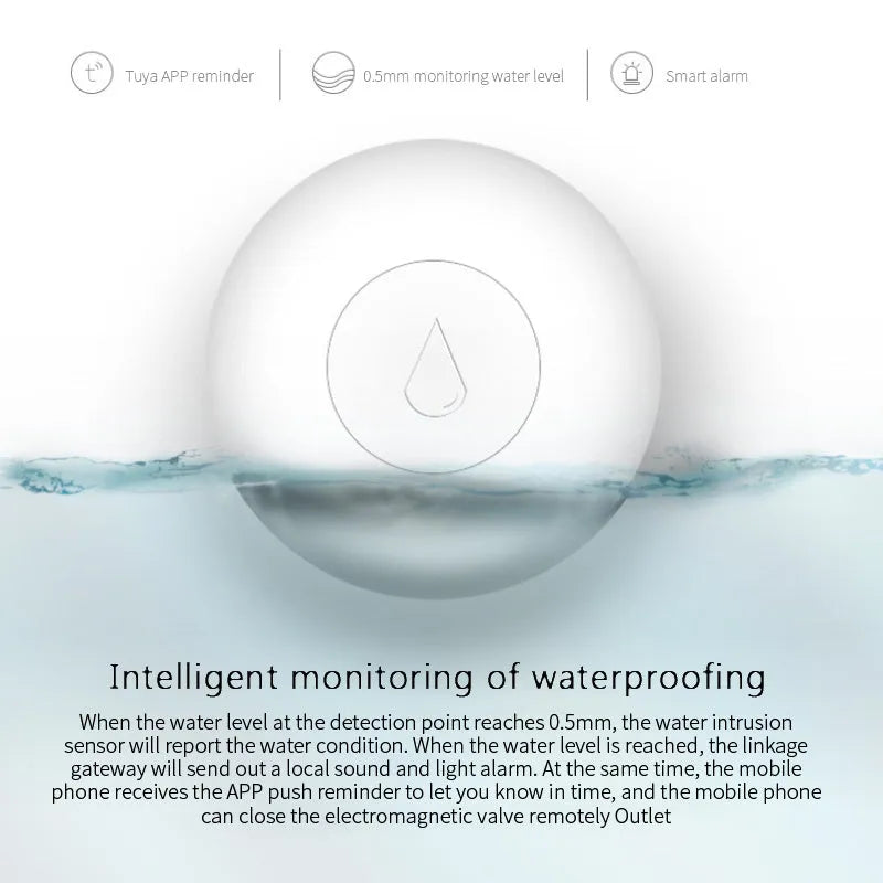 Zigbee wireless flood water leak detector sensor with compact design and Smart Life app connectivity