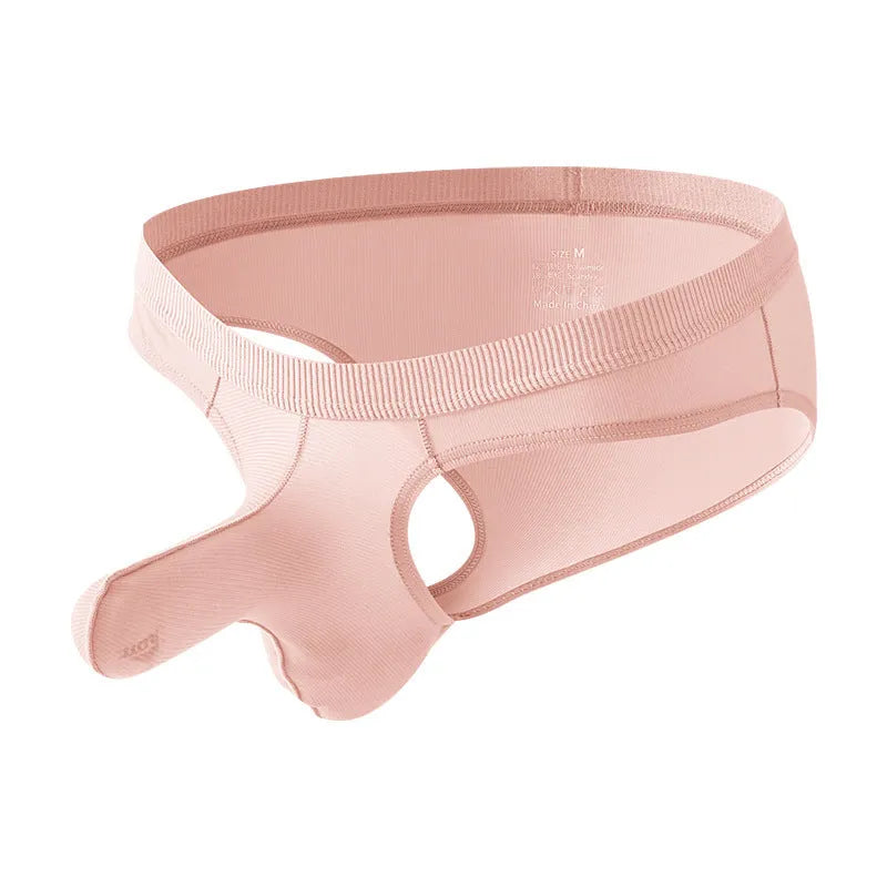 Ice silk men's low waist briefs underwear shown in multiple colours including black, grey, purple blue, light green, and pink.