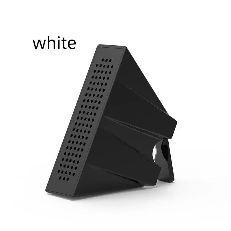 Mini mobile phone amplifier bracket on desktop enhancing smartphone sound in black, blue, pink or orange