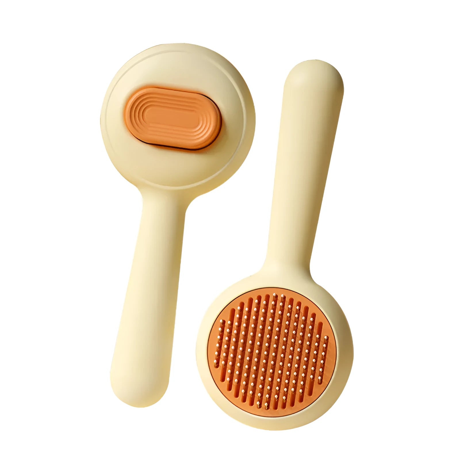 Green and yellow non-slip handle cat grooming brush with stainless steel comb teeth.