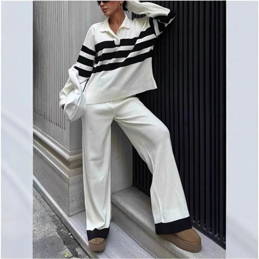 Women's black and white striped polo collar knitted top with matching trousers casual two-piece set