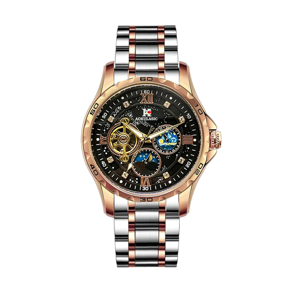 Men's rose gold automatic watch with large black dial on wrist.