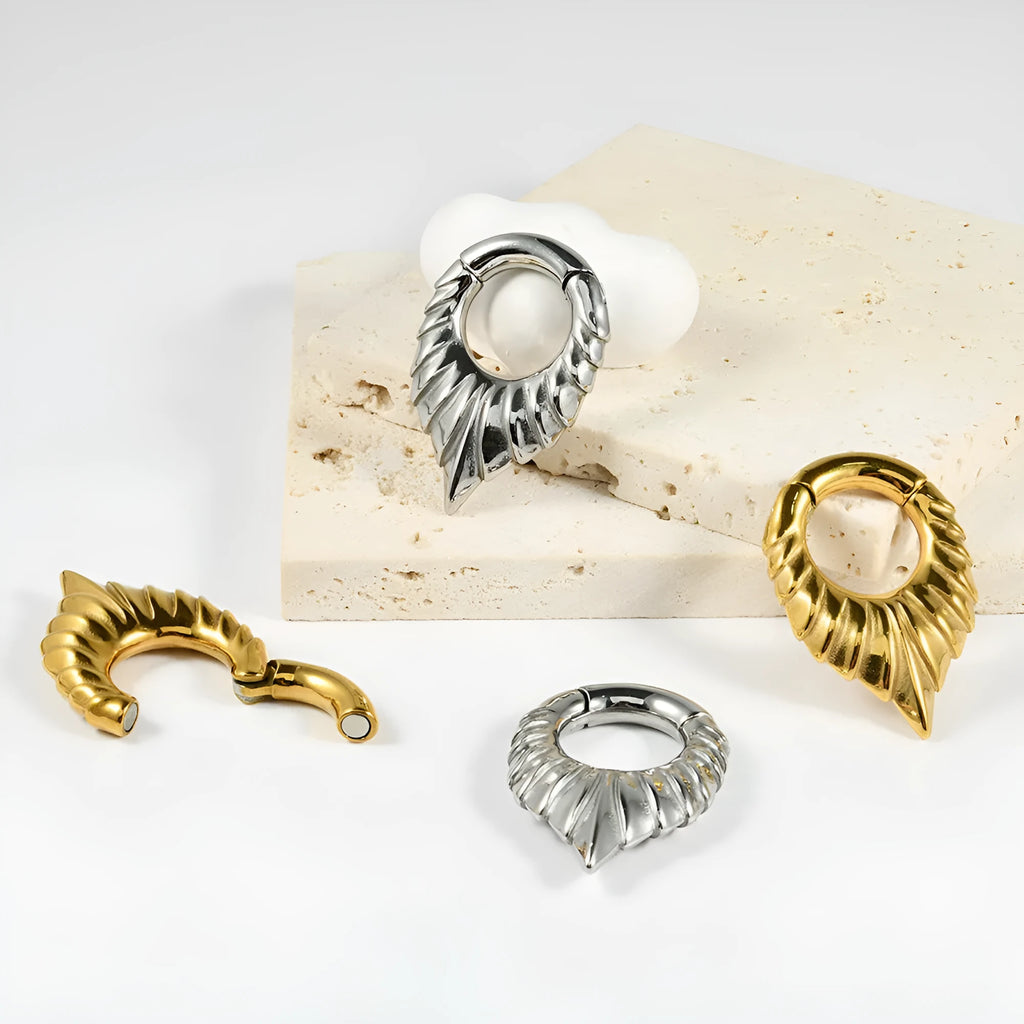 Drop-shaped stainless steel ear extender with totem design for stretched earlobes in colour style options