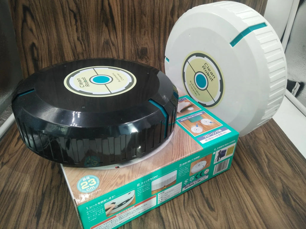 AC automatic sweeping robot on wooden floor with black ABS plastic body