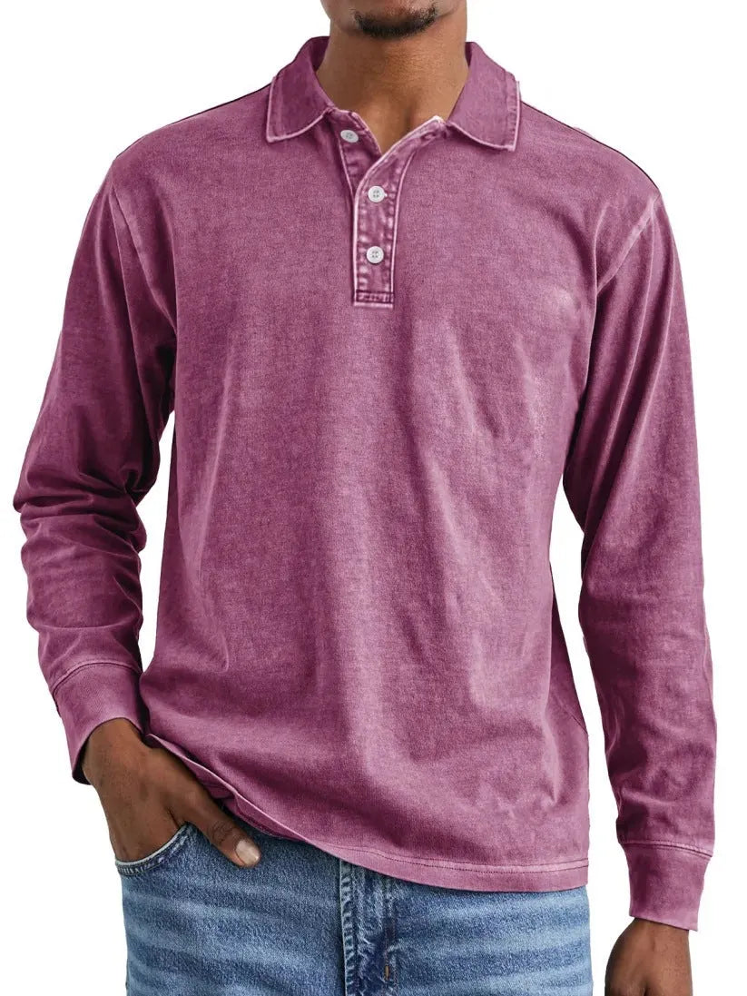 Retro washed distressed pure cotton lapel long sleeve polo shirt shown in Army Green.
