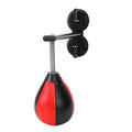 Pear-shaped hanging boxing training ball with red and black PU construction and complete mounting hardware