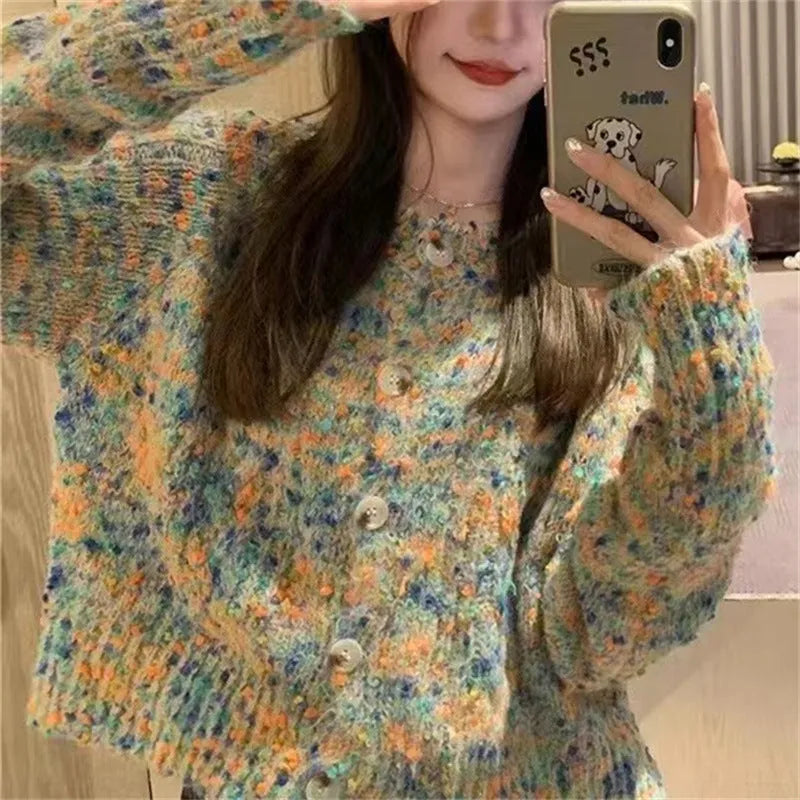 Retro style knitted rainbow cardigan in acrylic fibre with toothbrush hair texture, available in green or pink colours