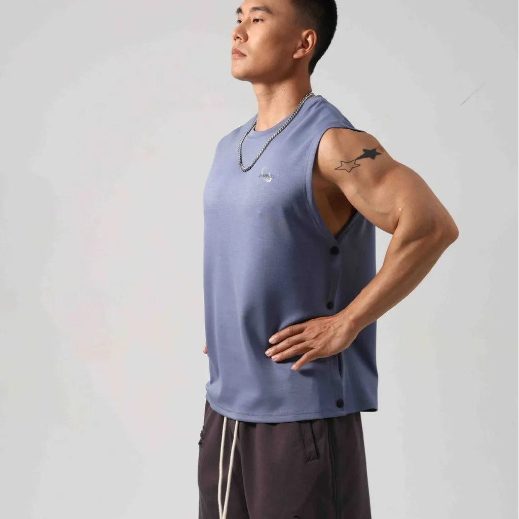 Korean style men's cotton fitness vest with hidden hook side openings in solid colours