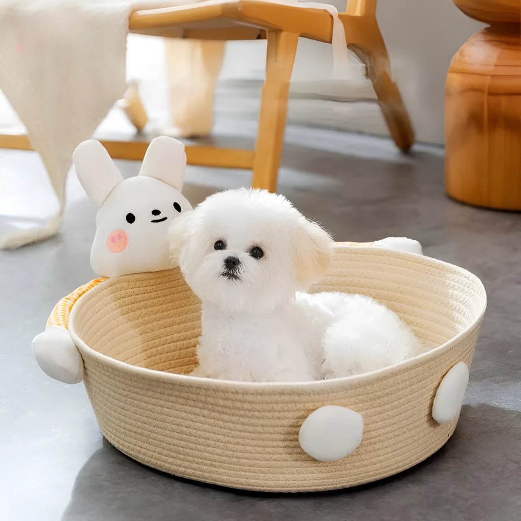 Woven cotton rope cat bed basket with scratching board in bear design for indoor furniture protection