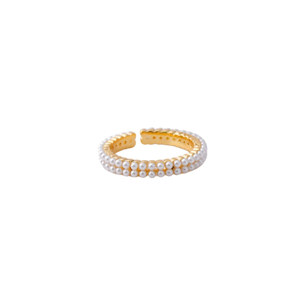 Gold electroplated open mouth ring with geometric design and round elements for women