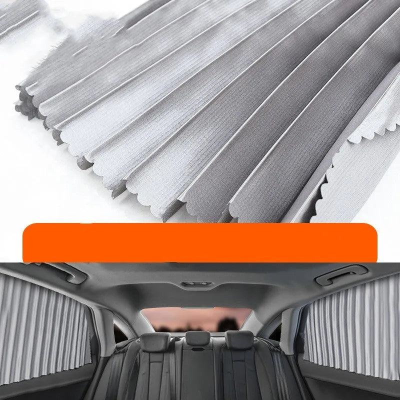 Auto retractable car sun curtain in black colour showing roller shutter mechanism