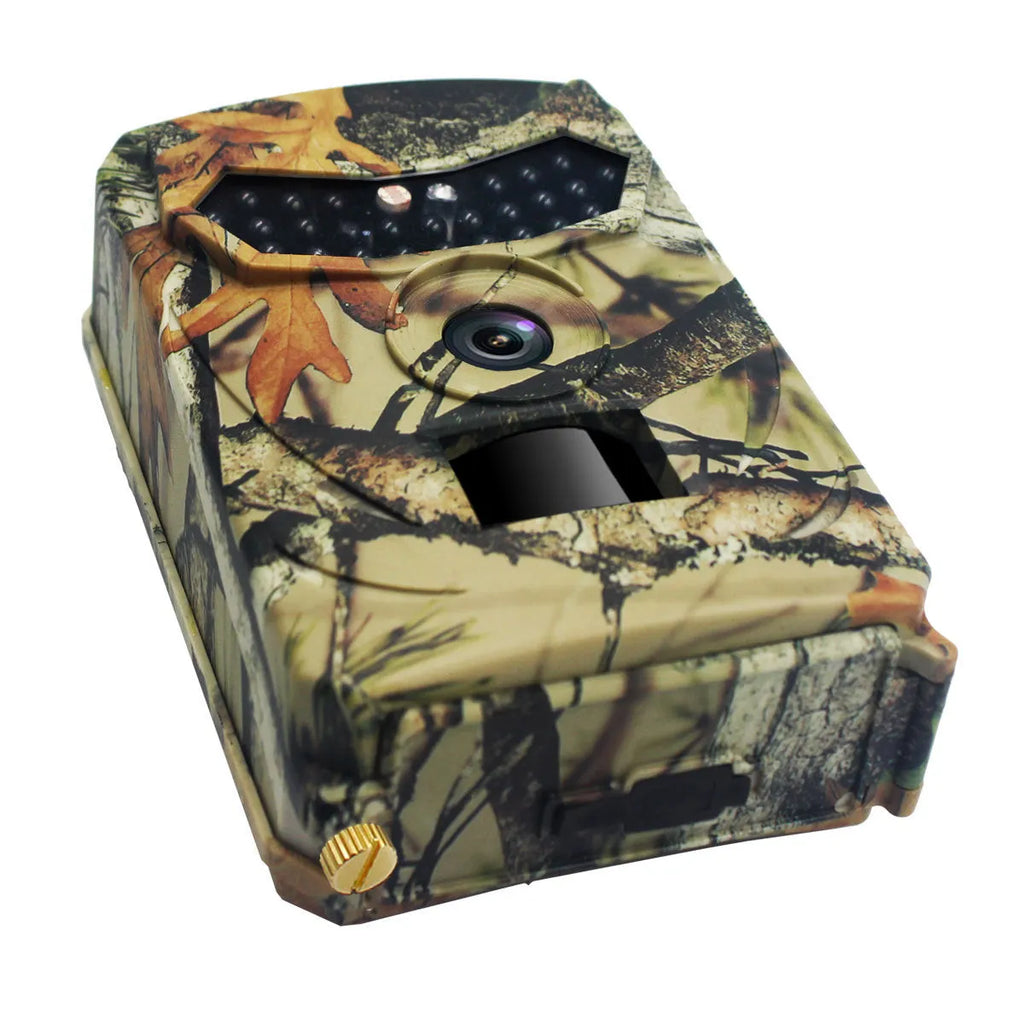Yellow brown 16MP hunting camera with infrared LEDs and compact plastic housing