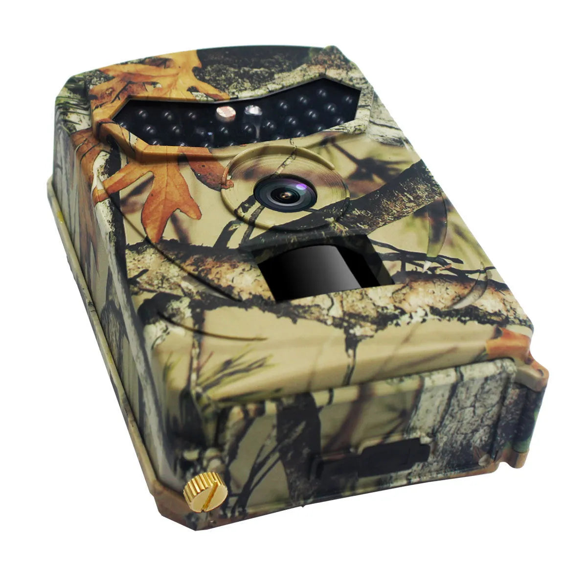 Yellow brown 16MP hunting camera with infrared LEDs and compact plastic housing