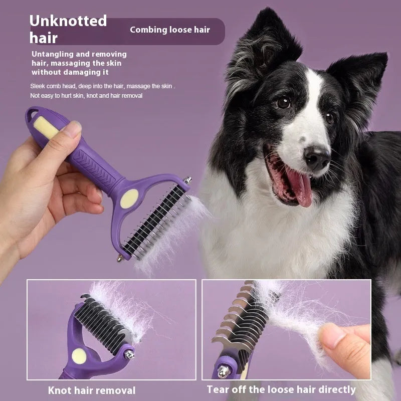 Purple double-sided plastic dog comb for removing knots and tangles from matted fur.