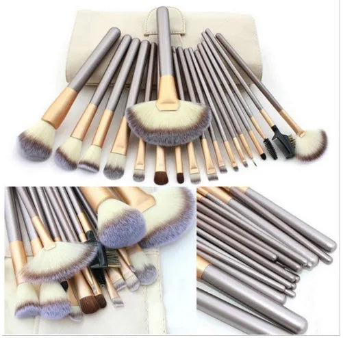 Persian makeup brush set with rice white bristles and champagne coloured handles showing multiple brush types