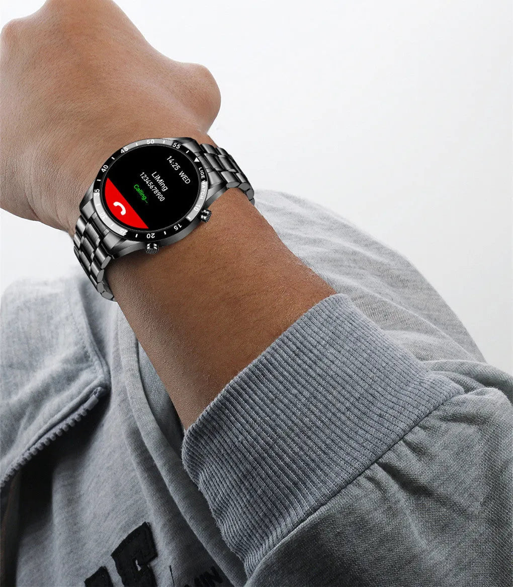 Smart watch with stainless steel band and 1.3 inch screen showing step counter interface