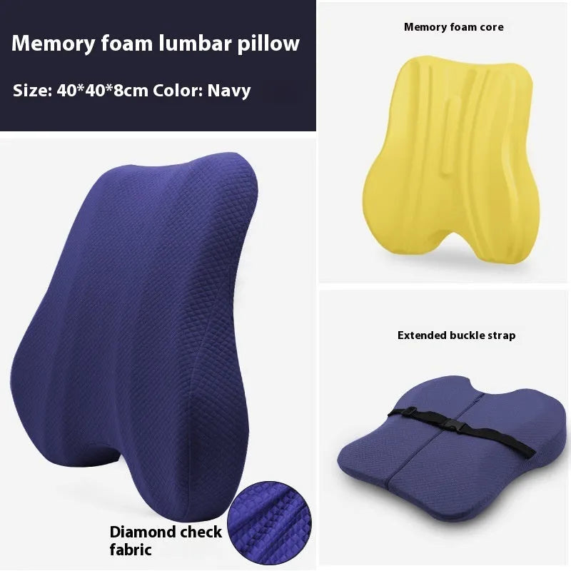 Grey lumbar support cushion for office chair, dimensions 40cm by 40cm by 8cm thick.