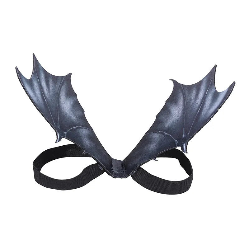 Black cloth bat wings pet Halloween costume shown in large, medium, and small sizes for cats and dogs