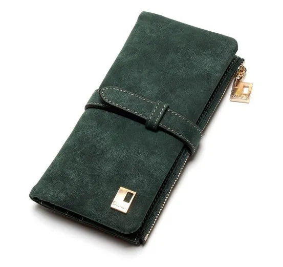 Vertical women's long wallet in retro matte Pu leather with zip closure showing interior card slots and phone pocket