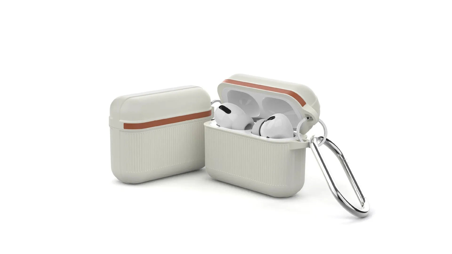 Silicone protective case for Apple AirPods with metal buckle, shown in various solid colours.