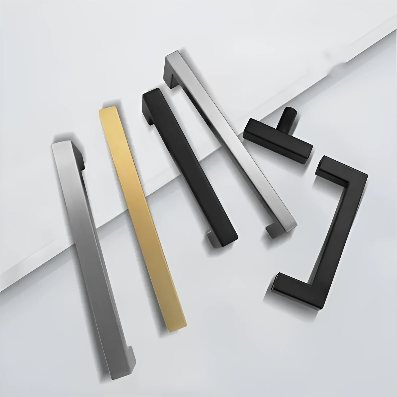 Stainless steel square pipe cabinet door handle in a brushed finish.